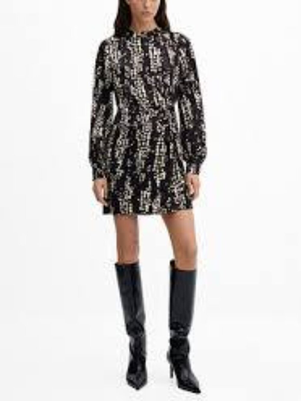 NEW MNG Mango Black Cream Abstract Print Long Sleeve Mini Dress Size S